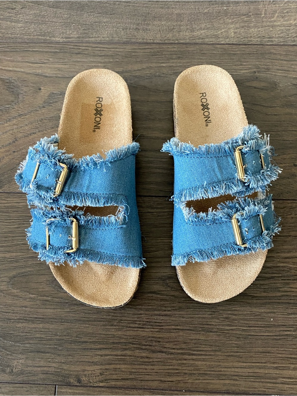 Roxoni New Women's Denim Frayed Double-Buckle Slide Sandals - Blue